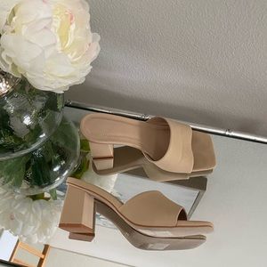 Block heel nude slip on mules